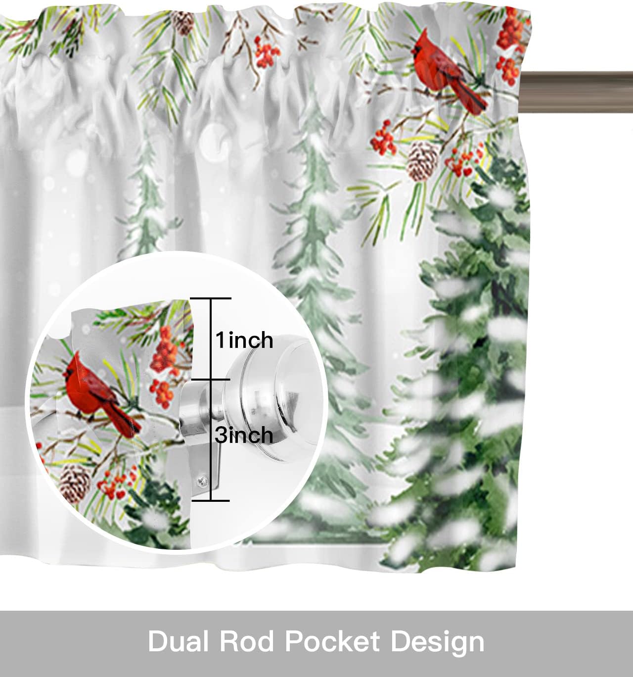 ALAGEO Cenefas de Navidad para ventanas de cocina, cenefas de árbol de Navidad cardenal rojo, cenefas de vacaciones con bolsillo para barra,