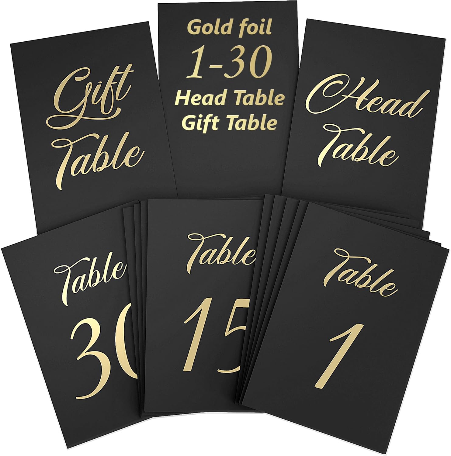 Números de mesa negros y dorados del 1 al 30 para recepción de boda, tarjetas de 4 x 6 con cabeza de lámina dorada y mesa de regalo, elegantes