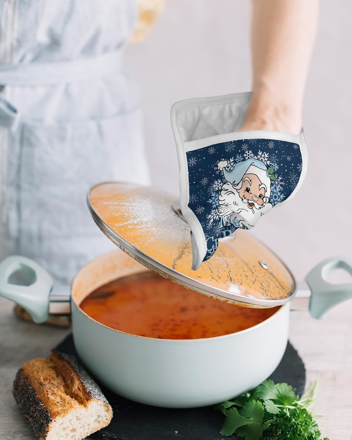 Juego de 4 agarraderas de tela de toalla de Papá Noel azul marino para cocina, antideslizantes y aislantes de calor, con bolsillo, guantes gruesos