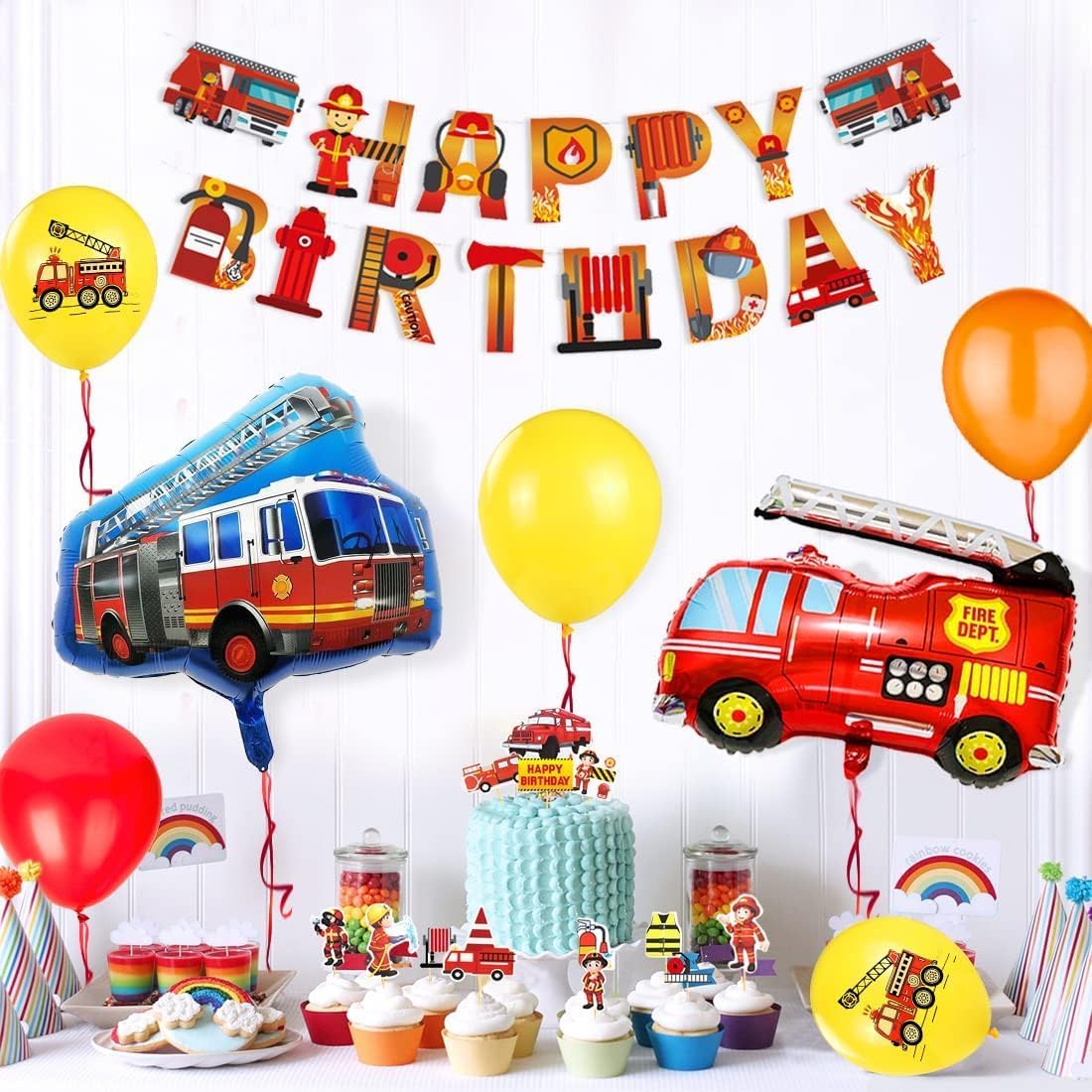 Decoración de cumpleaños de camión de bomberos, 35 piezas de globos de cumpleaños de camión de bomberos, decoración de camión de bomberos de