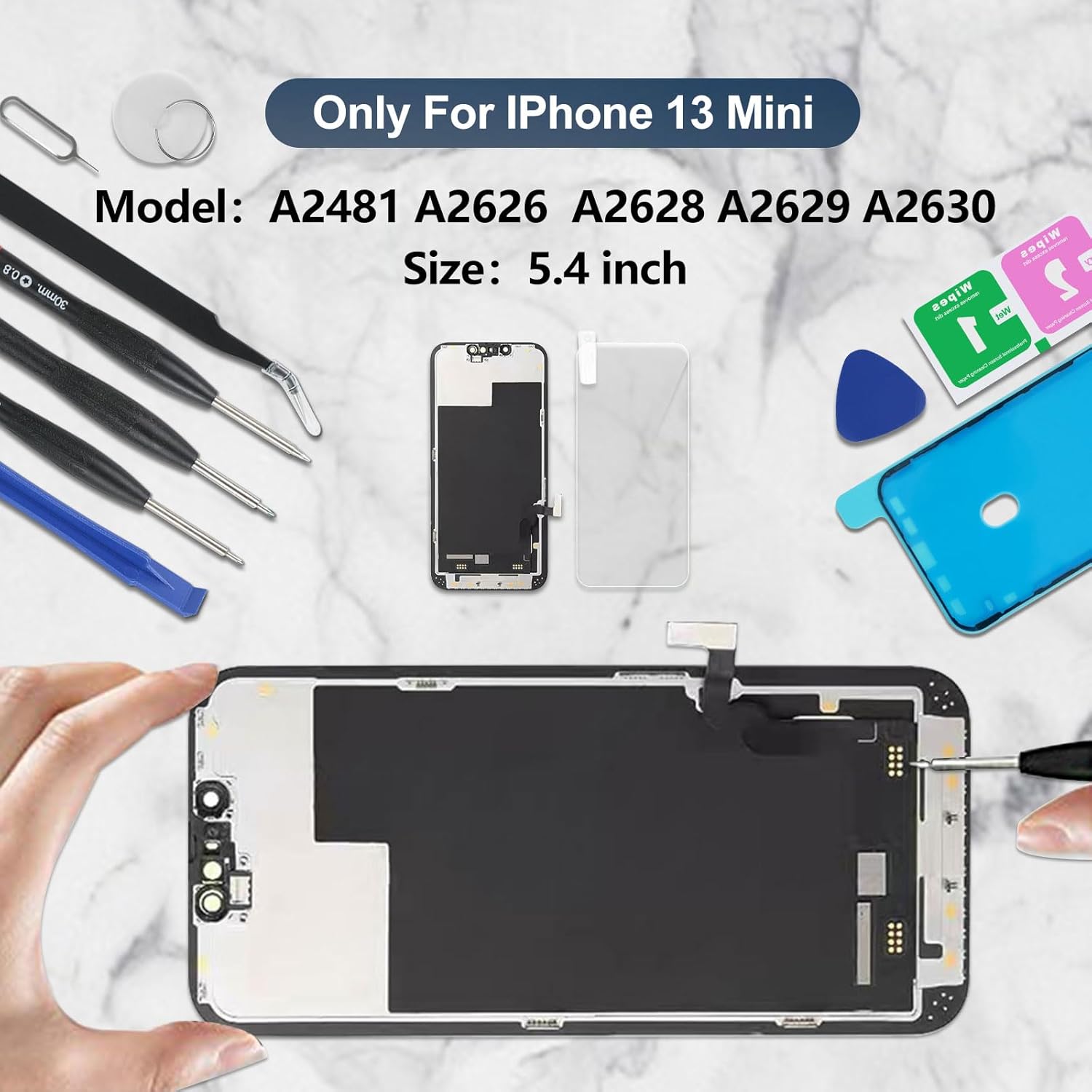 Retina de repuesto para iPhone 13 Mini pantalla táctil 3D de 5.4 pulgadas, pantalla LCD digitalizador con kits de herramientas de reparación, cinta