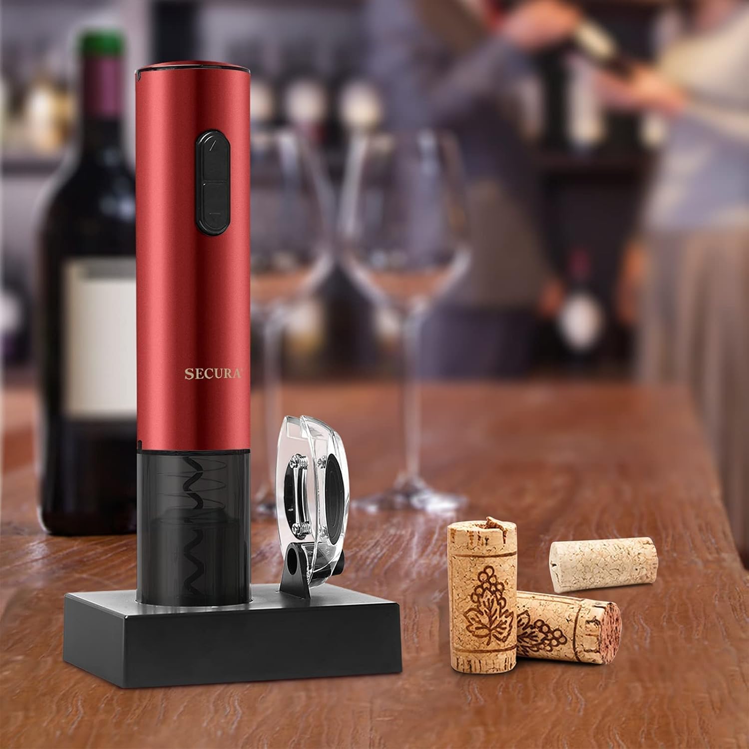 Secura Abridor de vino eléctrico, sacacorchos eléctrico automático de botellas de vino con cortador de papel de aluminio, recargable (rojo)