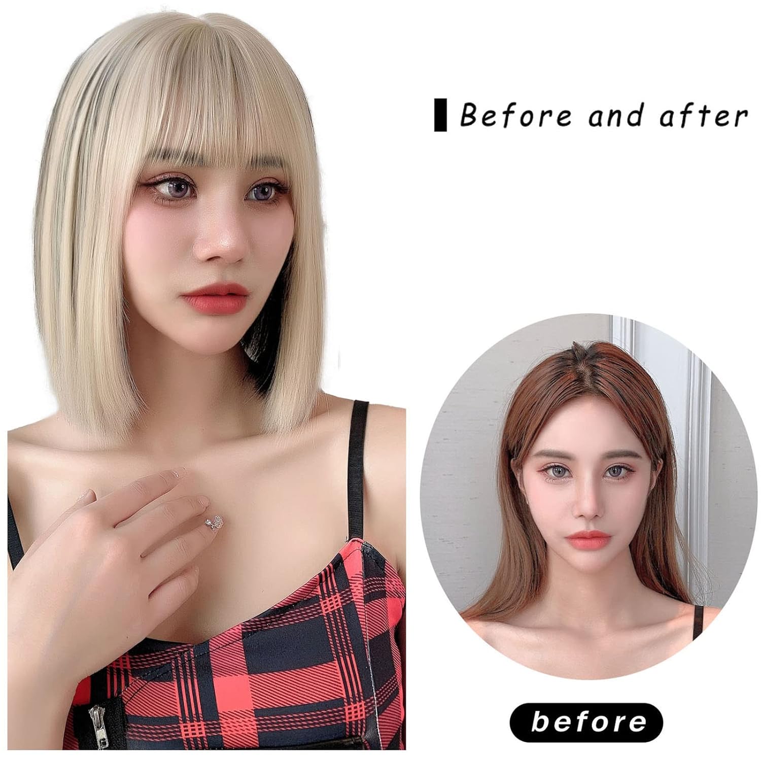 Lotfon Peluca Bob con flequillo para mujeres americanas, pelucas de pelo corto ondulado para mujer (mezcla de rubio negro)