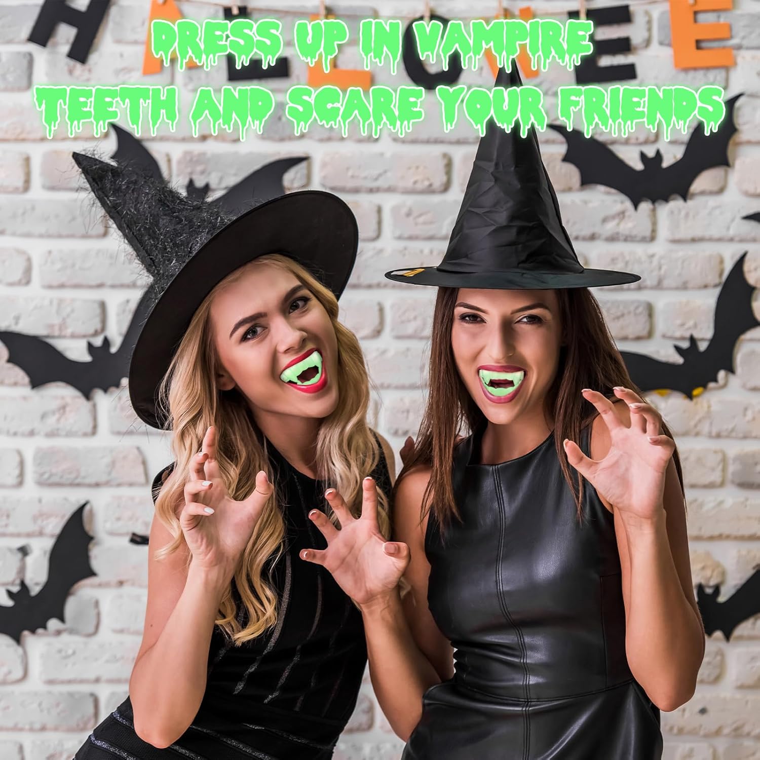 Colmillos de vampiro brillantes para Halloween, dientes de plástico que brillan en la oscuridad, suministros de fiesta de Halloween, dientes falsos