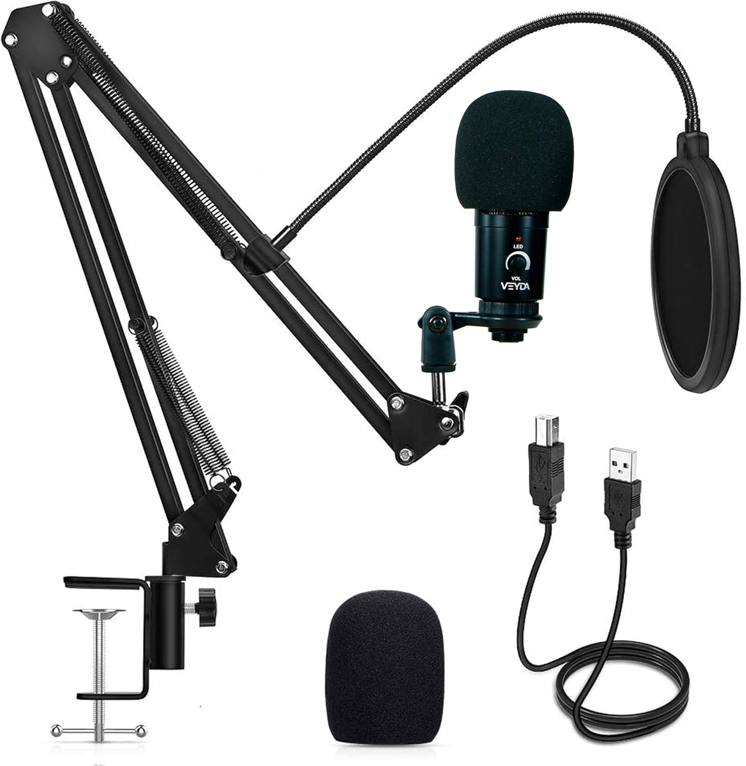 VEYDA – Micrófono de PC para podcast de transmisión USB, kit de micrófono de condensador cardioide de estudio profesional de 192 KHZ24 bits con