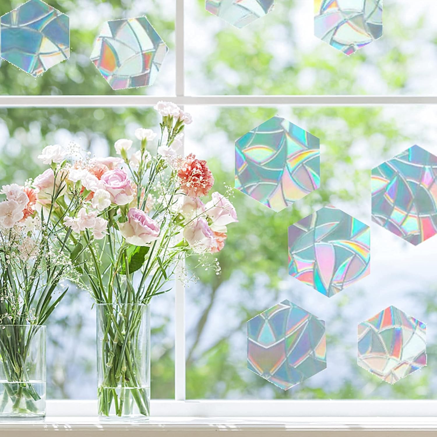 GORGECRAFT Adhesivos de cristal de arco iris estático para ventana, adhesivos de alerta anticolisión 3D, vinilo prismático no adhesivo para evitar