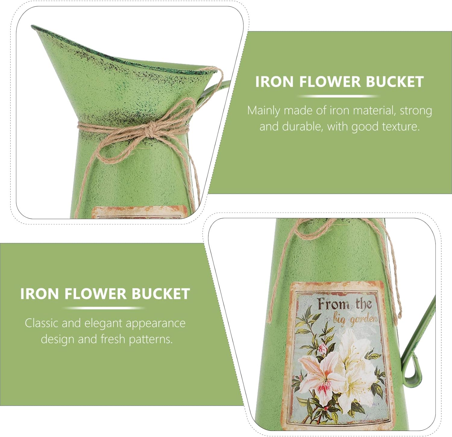 GANAZONO Cubo de flores rústico jarrón de flores Shabby Chic para regadera, color verde claro, jarra de metal para el hogar, granja, jarrón