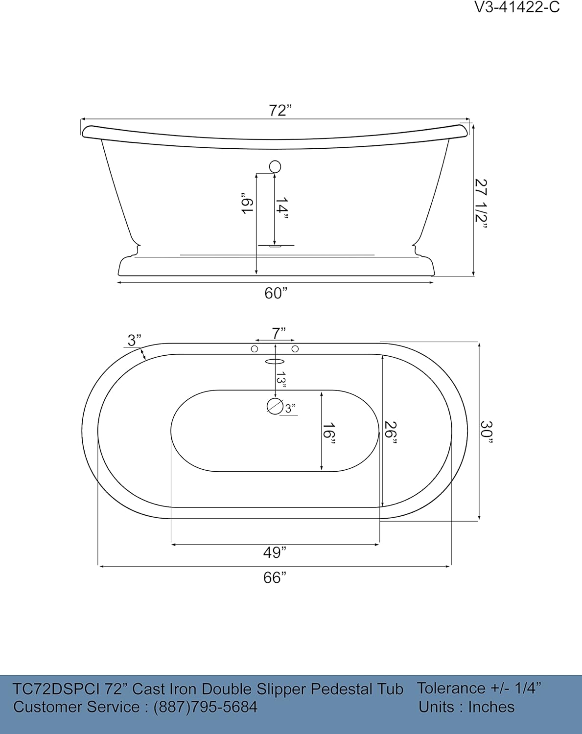 Bañera de pedestal de zapatilla de doble extremo de hierro fundido de 71 pulgadas con perforaciones de orificio de grifo de 7 “- “Benton”