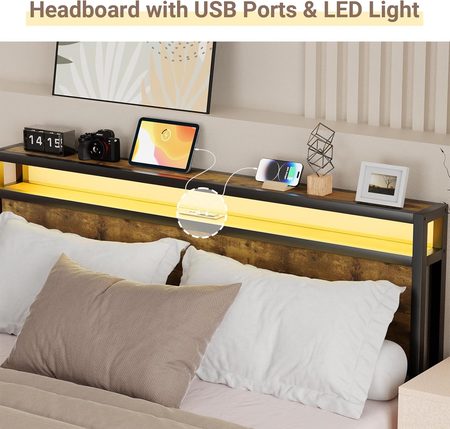Zevemomo Base de cama Queen con control remoto y control por aplicación, luces LED RGB, marco de cama de plataforma tamaño Queen con cabecera de