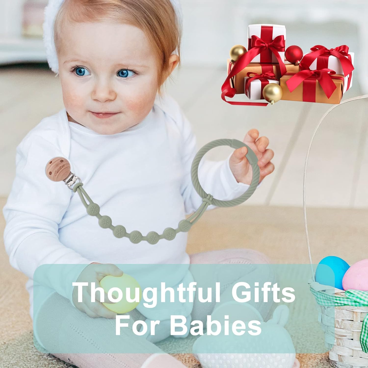 Clips para chupetes para bebés, niños y niñas, paquete de 2 clips para chupete, clips de una pieza, diseño de clips de madera, clip de chupete para