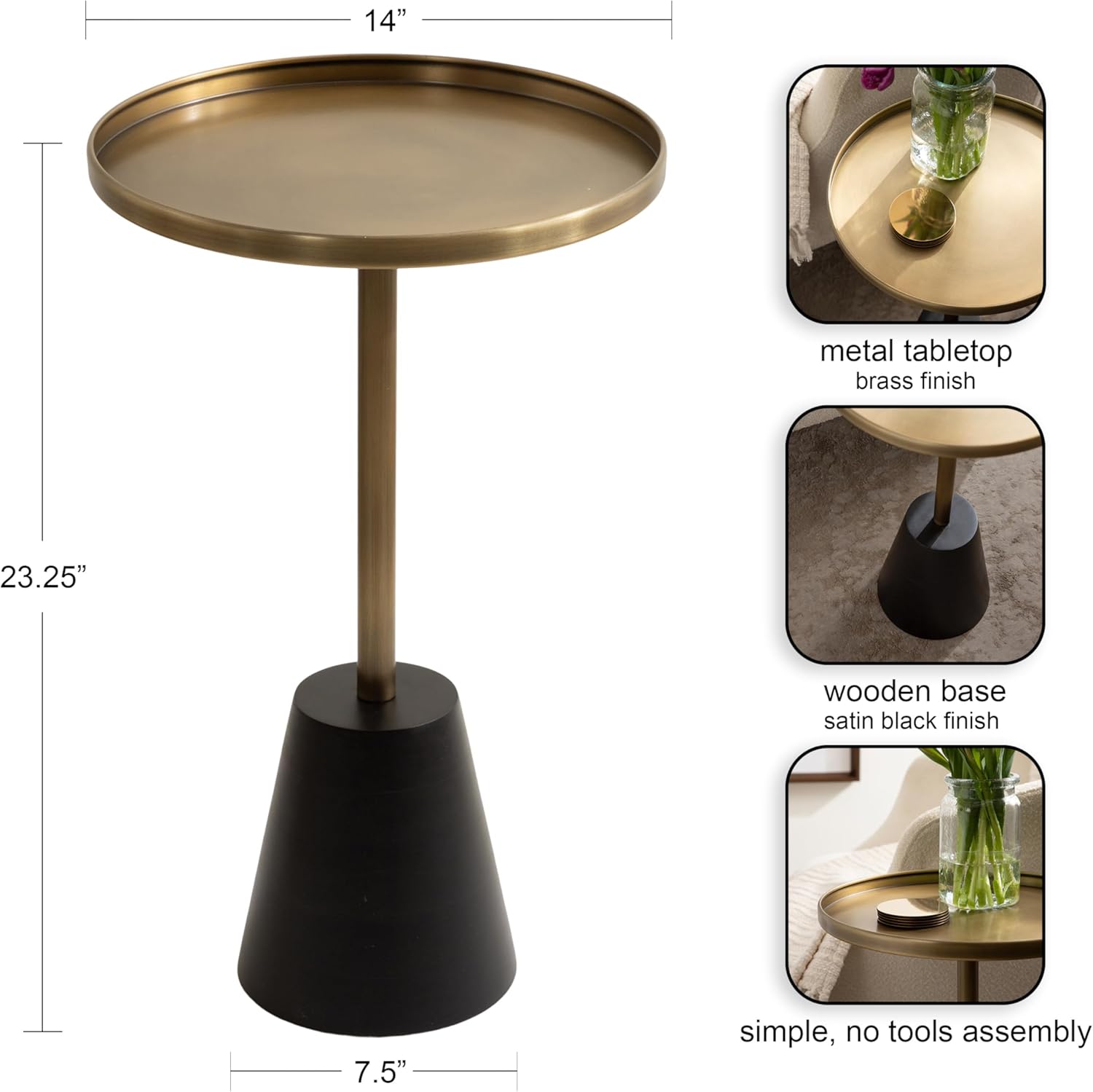 Kate and Laurel Tira – Moderno lado redondo para usar como mesita de noche de dormitorio o mesa de sala de estar, 14 x 14 x 24 pulgadas, latón y