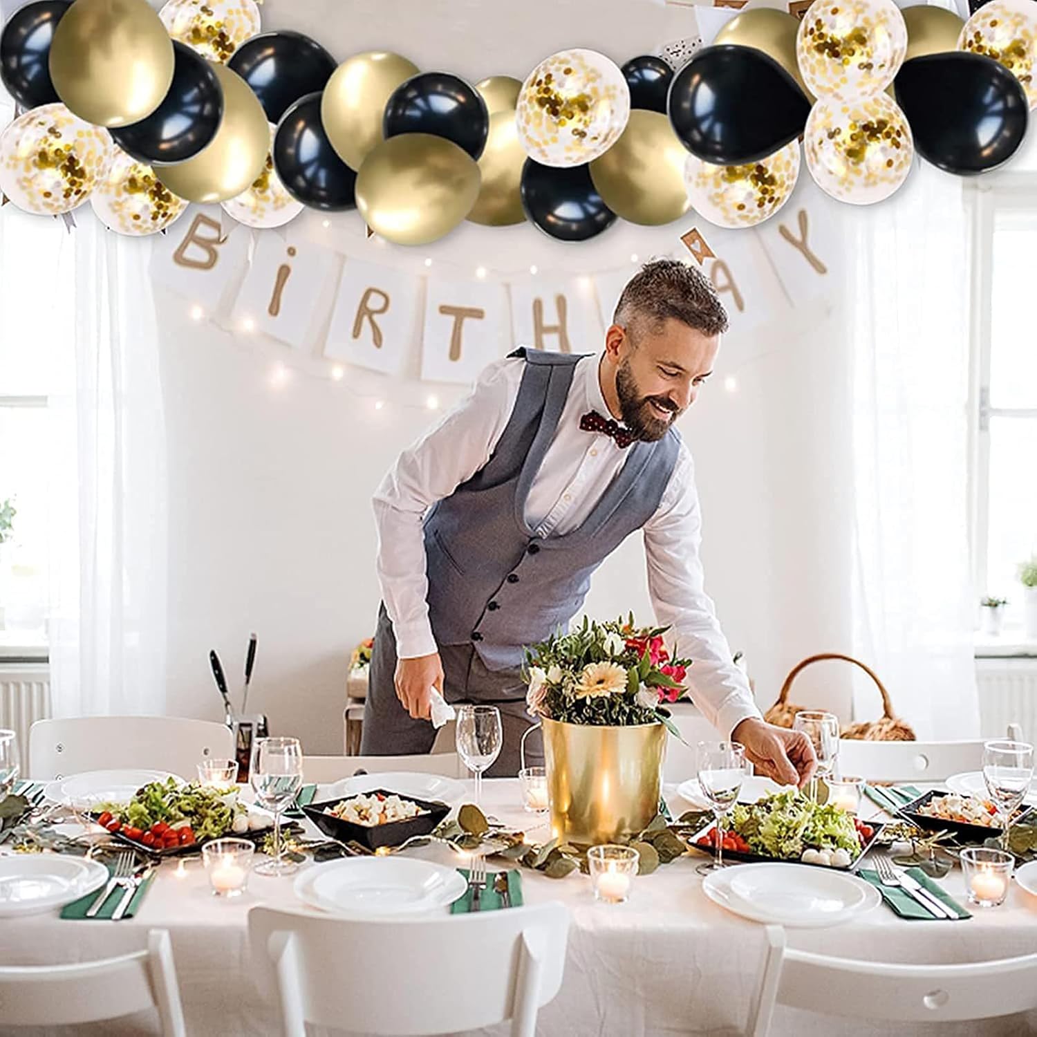 FALA – Guirnalda de globos para fiestas, 120 globos metálicos de látex de confeti negro y dorado, suministros de fiesta para propuesta de confesión,