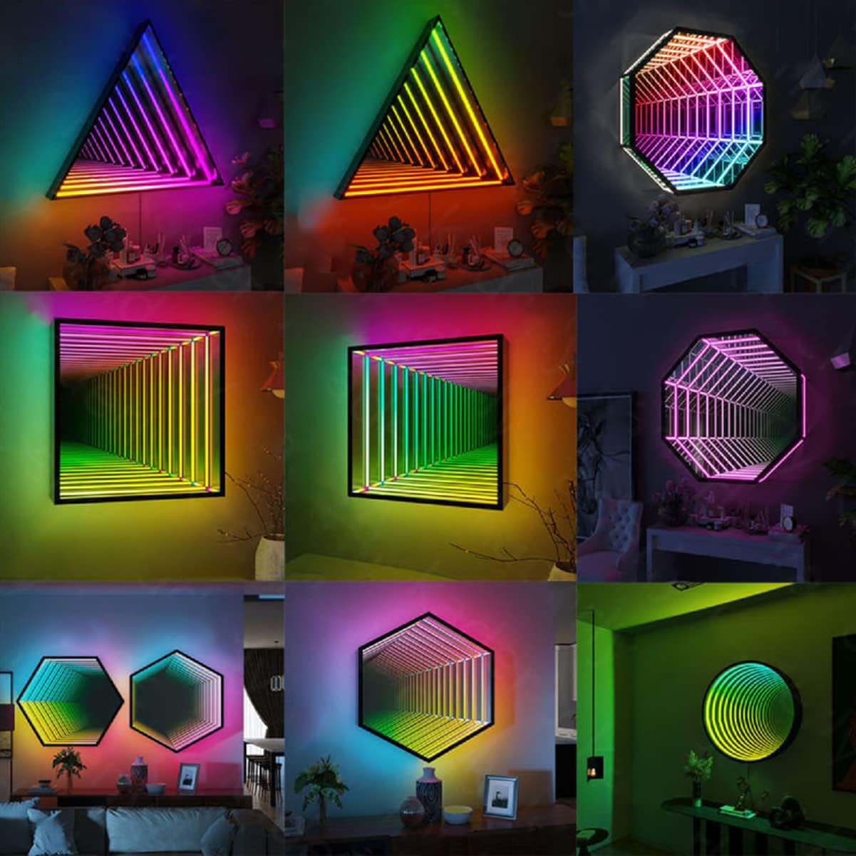 Espejo infinito, luz nocturna de túnel sensorial, lámpara inteligente de pared, lámpara de atmósfera, luz cambiante multicolor para el hogar,