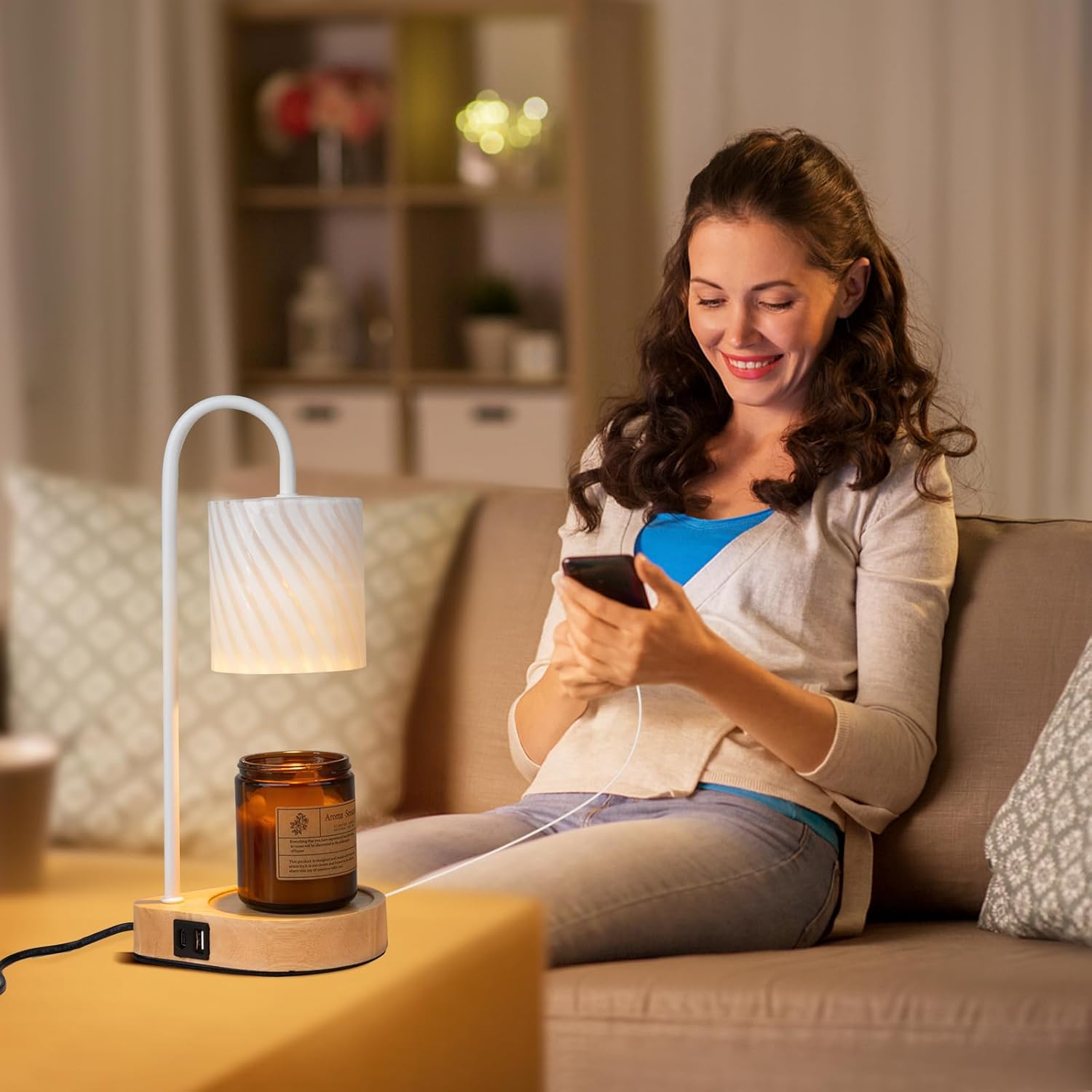 Lámpara eléctrica calentadora de velas con temporizador lámpara fundidora de velas de vidrio blanco roscado con puertos de carga USB y salida de CA,