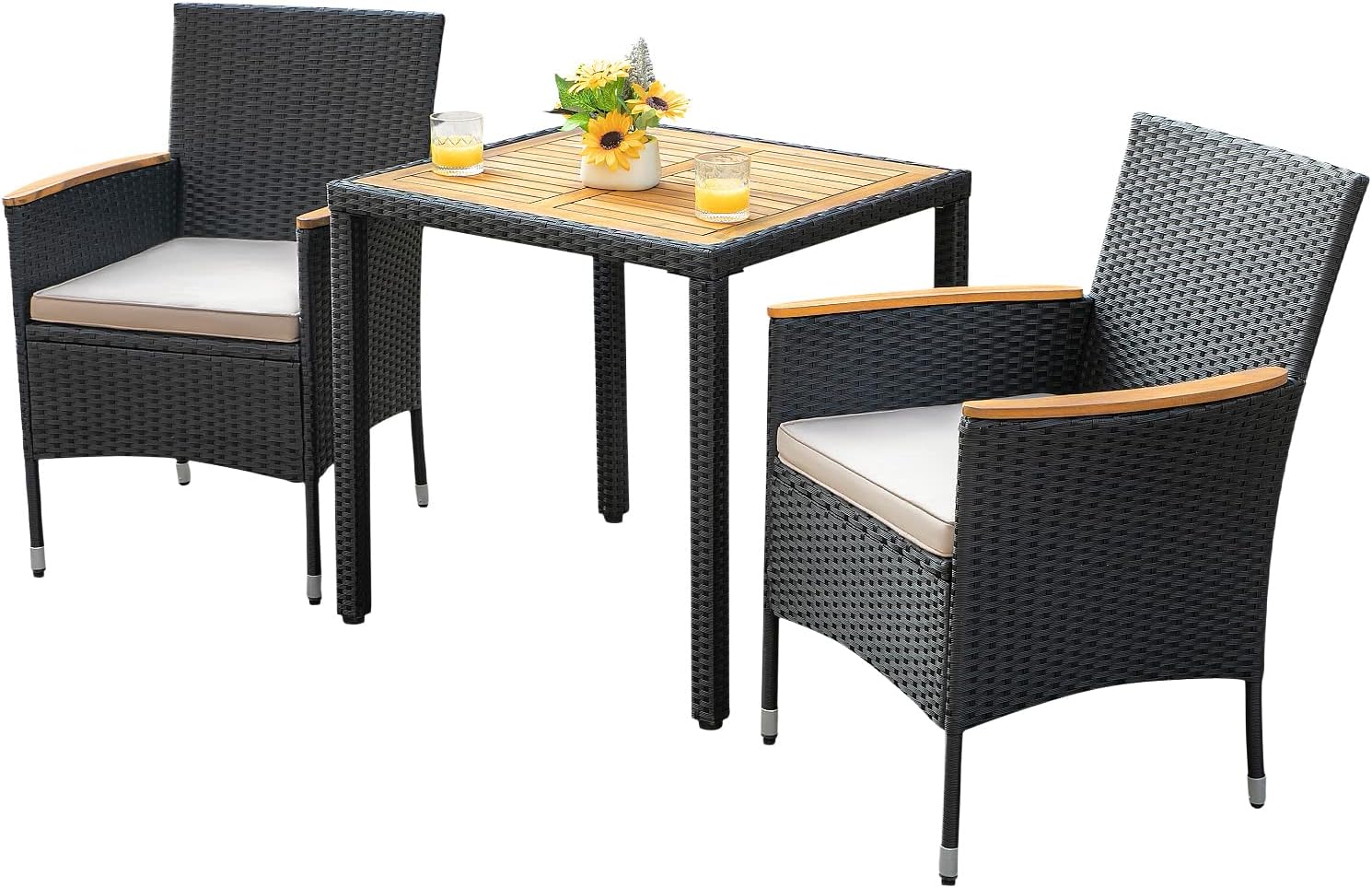 Flamaker Juego de 3 muebles de patio al aire libre de mimbre para patio, mesa y sillas de madera de acacia con cojín para terraza, patio trasero,
