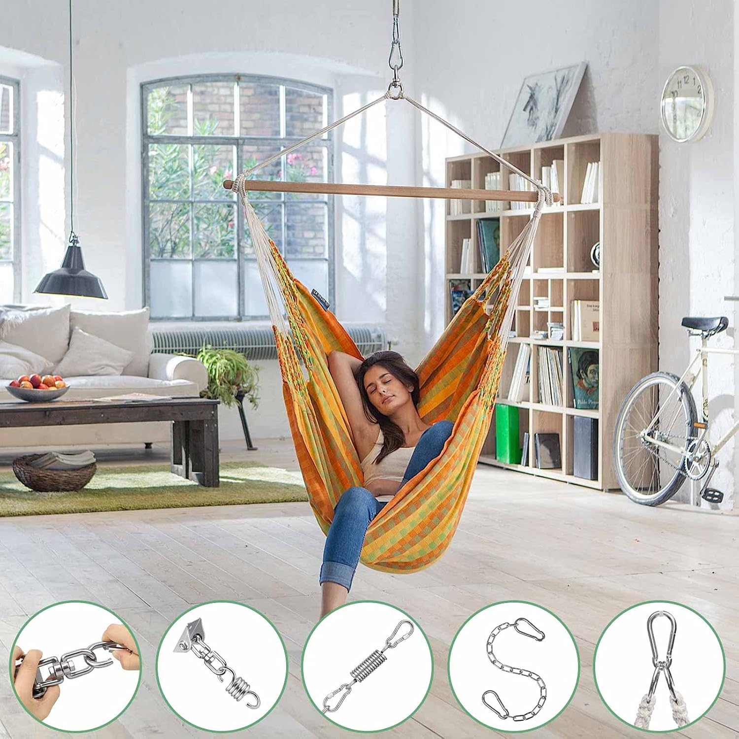 Kit de accesorios para colgar silla hamaca con cadena y resorte, colgador de columpio de porche resistente, ganchos de techo giratorios 360 para