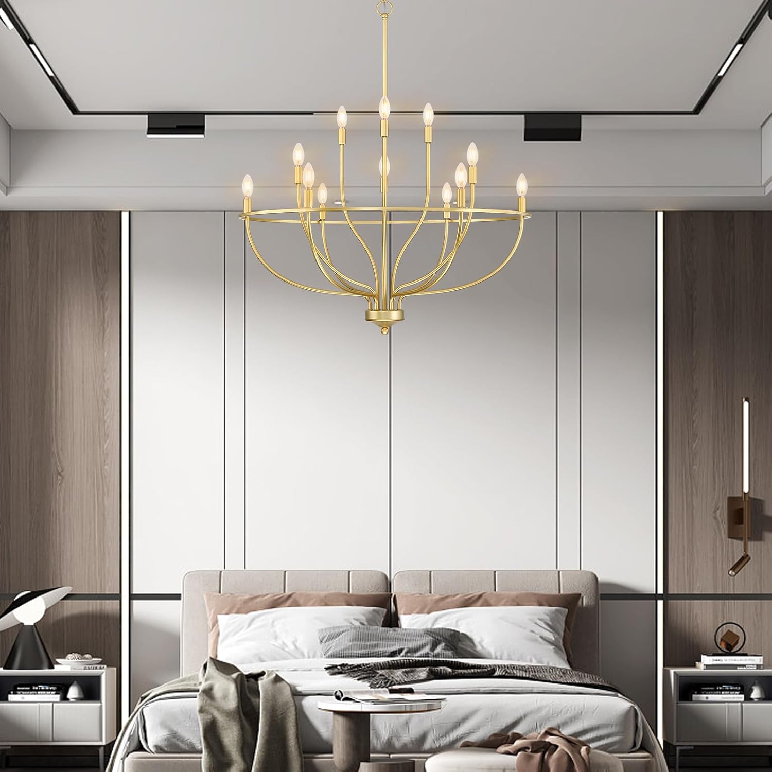 Senroyal Candelabro dorado para comedor, lámpara colgante clásica de 12 luces de granja sobre la mesa, candelabro grande de latón para isla de