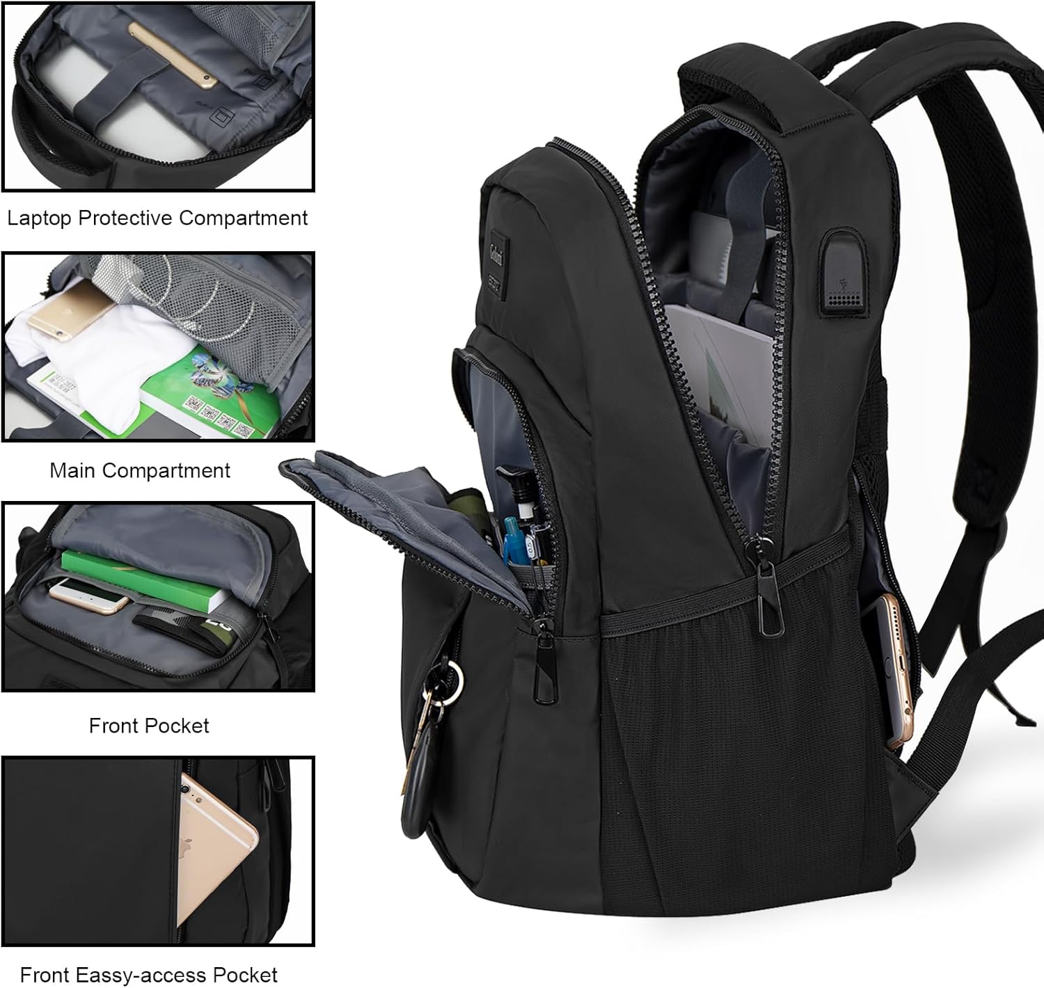 Goloni Mochila ligera e informal para laptop, bolsa de viaje clásica de mano, con puerto de carga USB para hombres y mujeres, Negro -, Classic