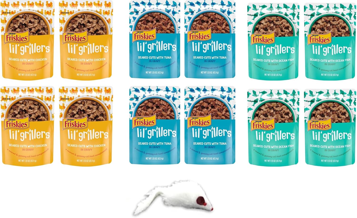 Friskies Lil Grillers – Bolsas de comida húmeda para gatos, paquete variado de 3 sabores, paquete de 12 – Cortes chamuscados con pollo, pescado