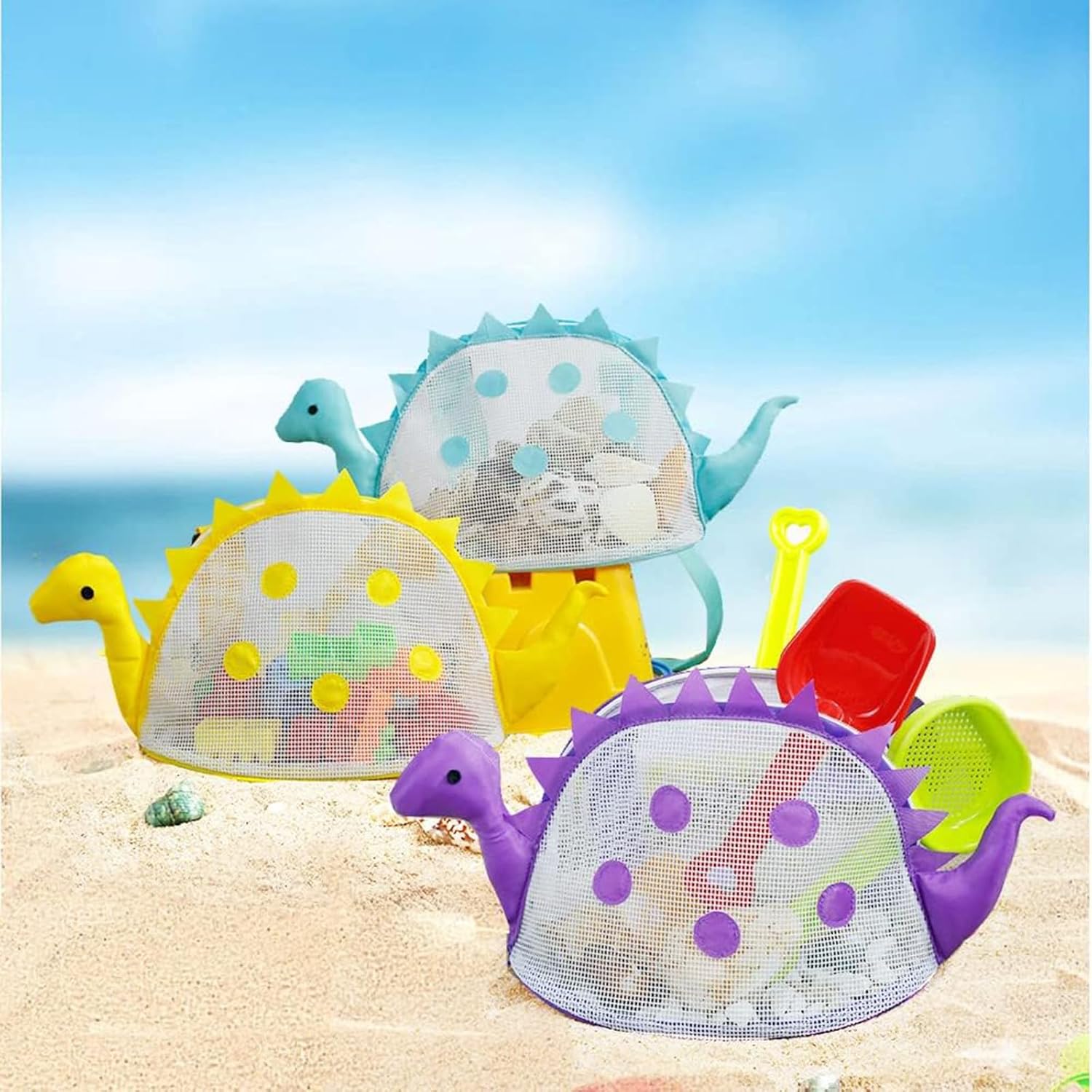 Bolsa de playa de malla para juguetes de playa, bolsa de recolección de conchas para niños, bolsa de juguetes de playa de dinosaurio para sostener