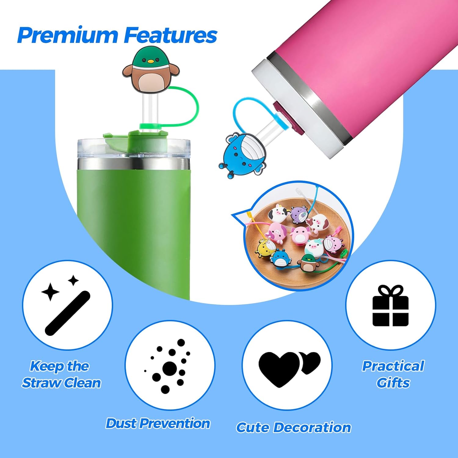 10 fundas de paja Stanley de animales de 9 a 0.394 in, fundas de popote reutilizables para vasos Stanley de 3040 onzas, adornos de paja impermeables
