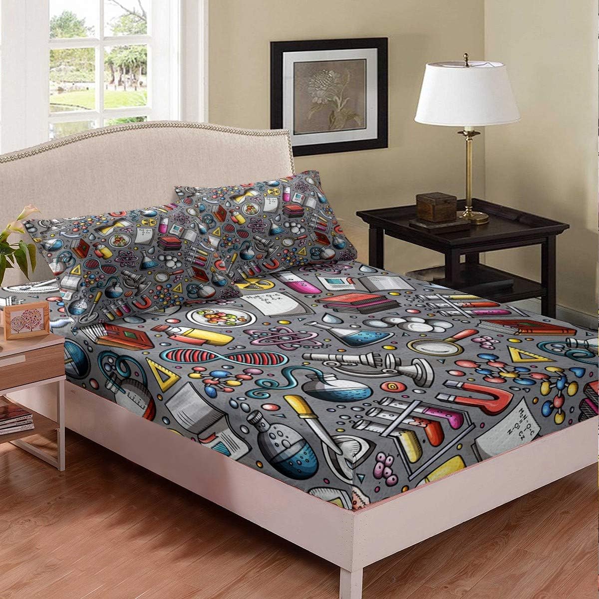 Juego de ropa de cama de laboratorio de química para niños, adolescentes, niños, jóvenes, tubo de ensayo, microscopio escolar, graffiti, sábana