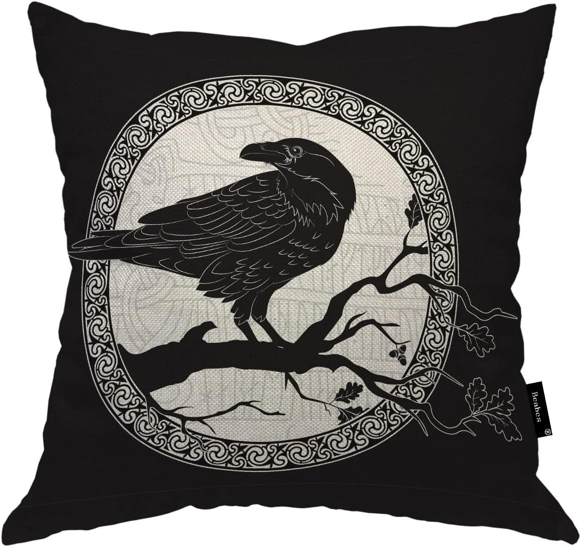 Beabes Funda de almohada de cuervo y rama negra, funda de cojín cuadrada suave con rama de árbol de cuervo negro, decoración del hogar para sofá,