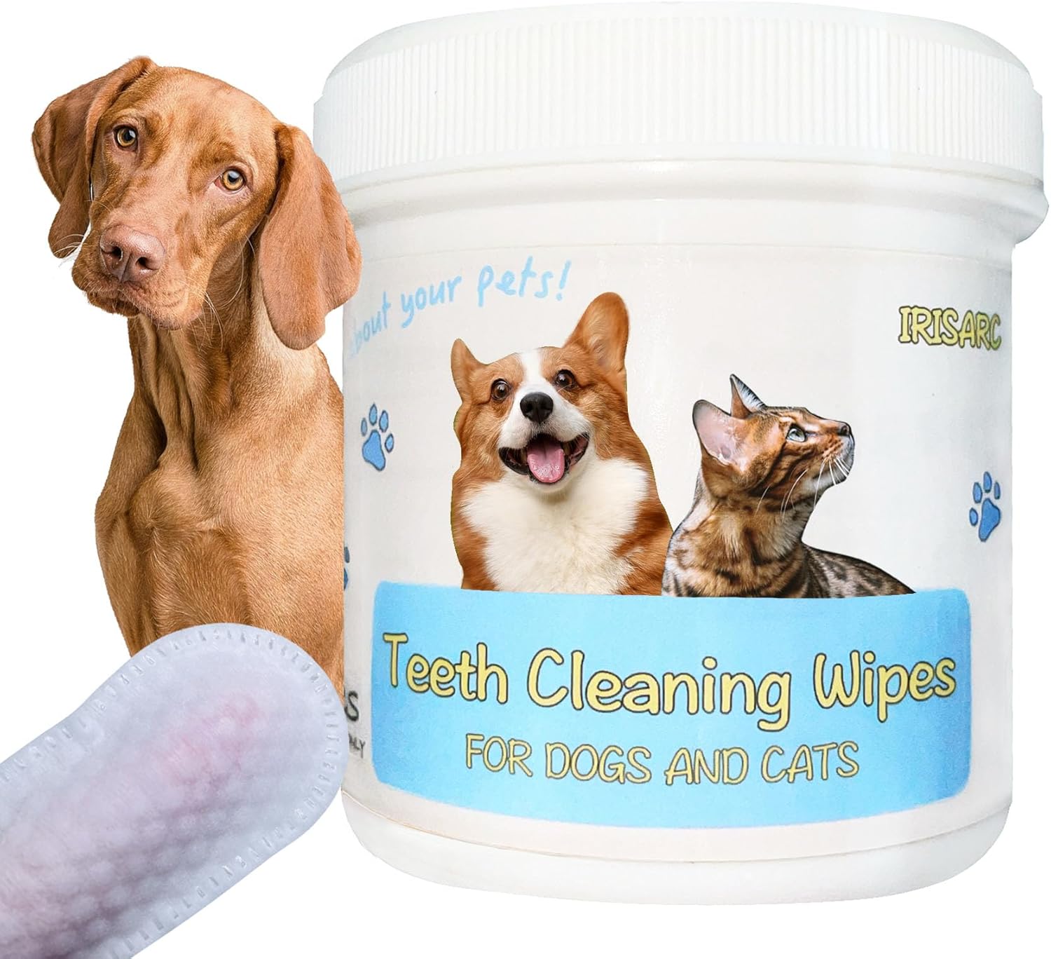 Irisarc 50 toallitas de limpieza de dientes de mascotas para perros, toallitas para el cuidado dental del perro, quita la placa y limpia los dientes
