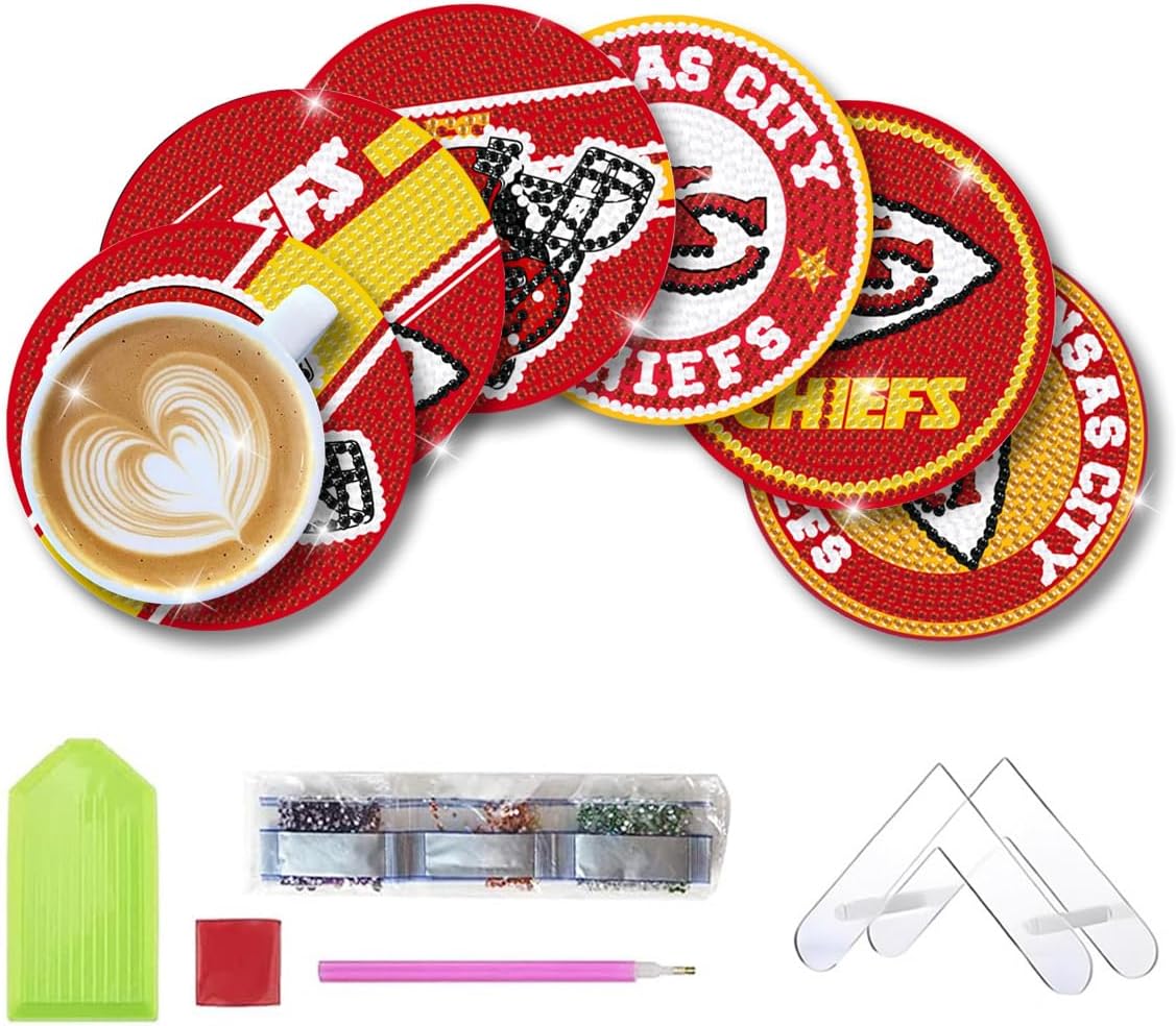 Aimeryup Juego de 6 posavasos de pintura de diamantes con soporte, posavasos de arte de diamantes de fútbol para adultos y niños, kits de puntos de