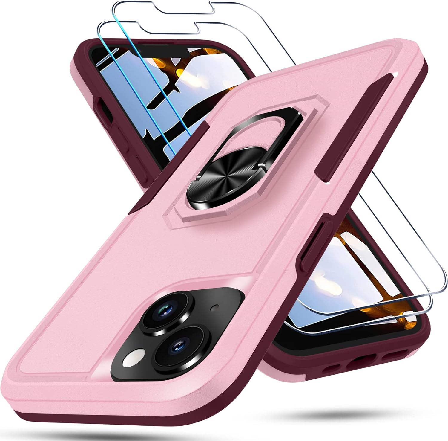 Janmitta Funda de metal con soporte para iPhone 14, con protector de pantalla de vidrio templado paquete de 2, resistente a prueba de golpes, funda