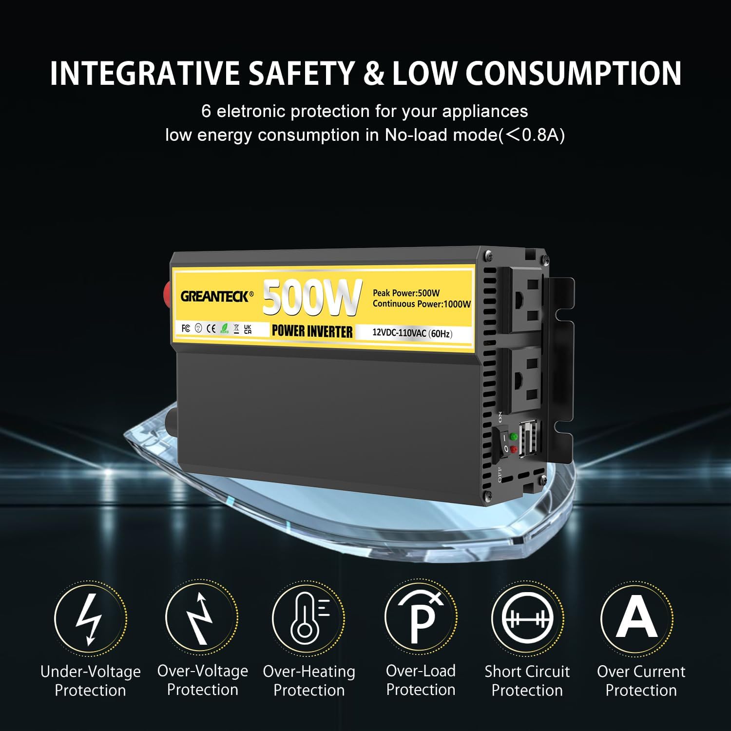 Inversor de corriente de 500 vatios, convertidor de onda sinusoidal modificada de 12 V CC a 110 V 120 V CA, inversor de onda sinusoidal modificada