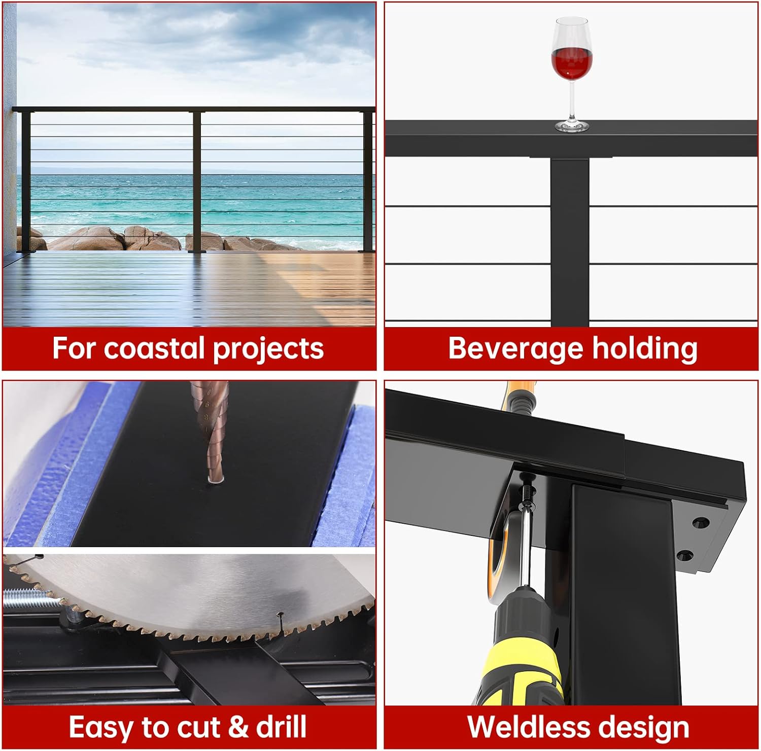 Muzata Barandilla de aluminio de 6 pies 6 “pasamanos rectangular negro barandilla superior plana sistema de barandilla cubierta escalera interior al