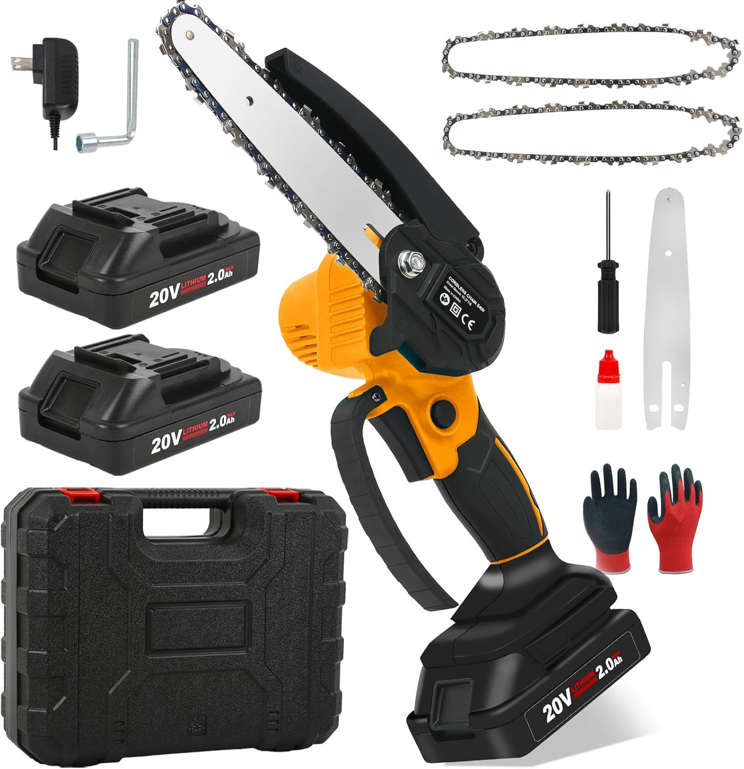 CKEVE Mini motosierra eléctrica inalámbrica de 6 pulgadas, funciona con pilas con bloqueo de seguridad para recortar árboles de jardín, motor de 250