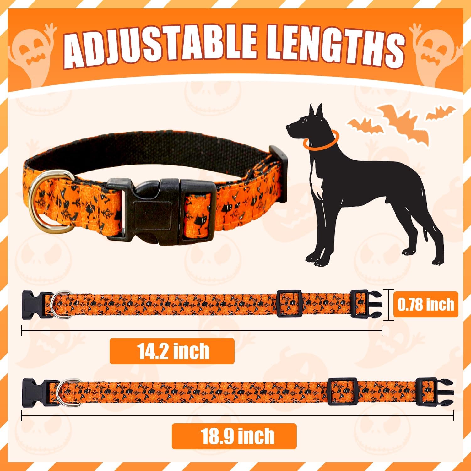 Collar de perro naranja de Halloween con patrones de fantasmas de Halloween, collares ajustables para perros con bonito corbatín, duradero y suave,