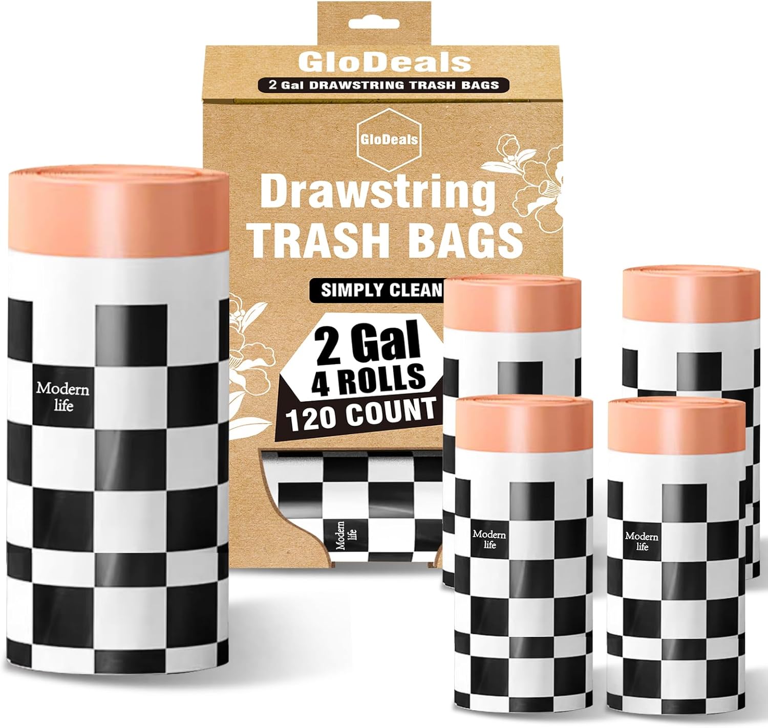 GloDeals – Bolsas de basura pequeñas de 2 galones, bolsas de basura pequeñas con cordón, 120 bolsas de basura duraderas pequeñas para baño, cocina,