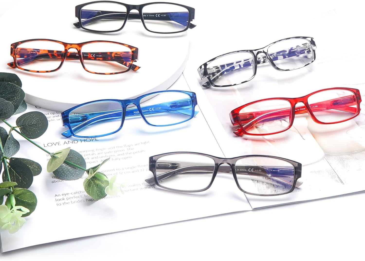 VIDEBLA Paquete de 6 lentes de lectura con bloqueo de luz azul, lectores de bisagra de resorte para mujeres y hombres, anteojos anti UV con 6 fundas