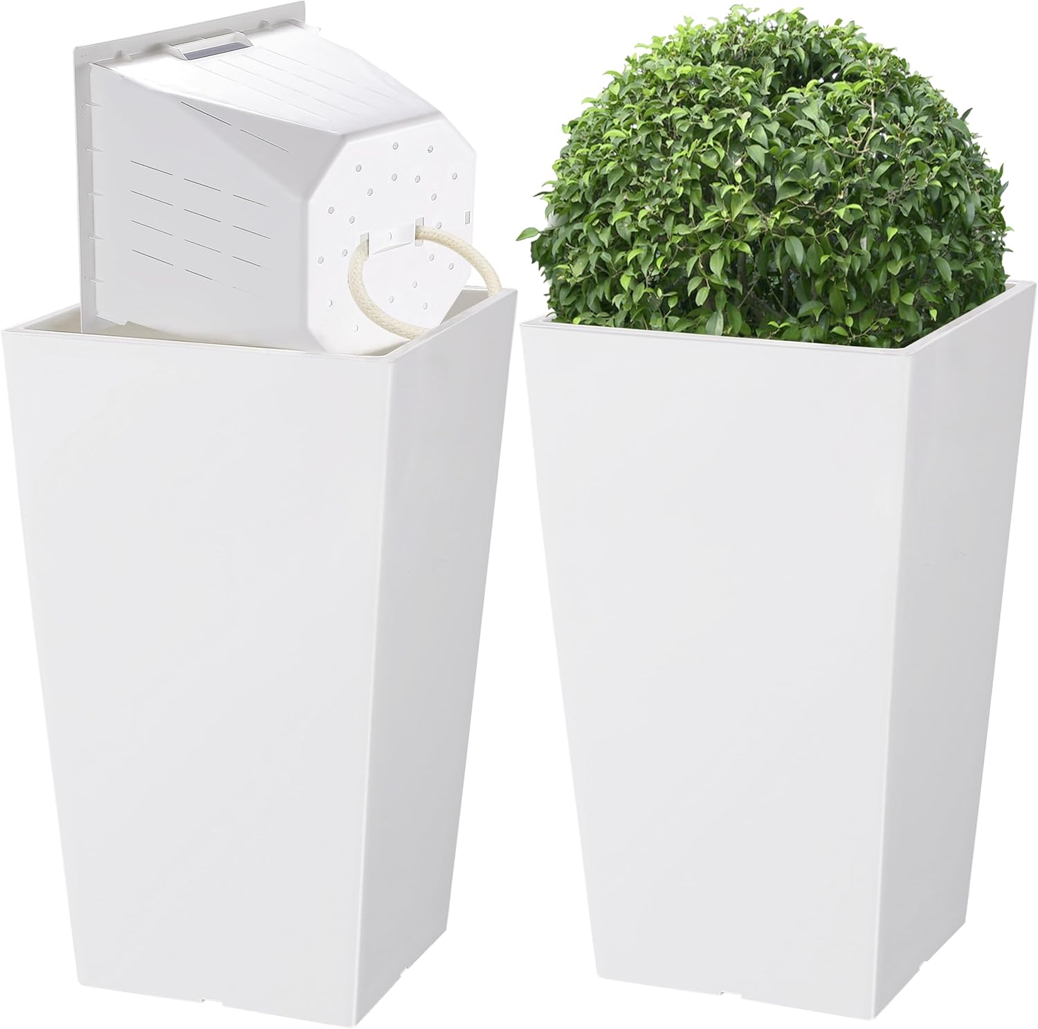 Paquete de 2 macetas altas + cestas (riego automático) (20 pulgadas de alto), macetas altas para exteriores e interiores, macetas altas para porche