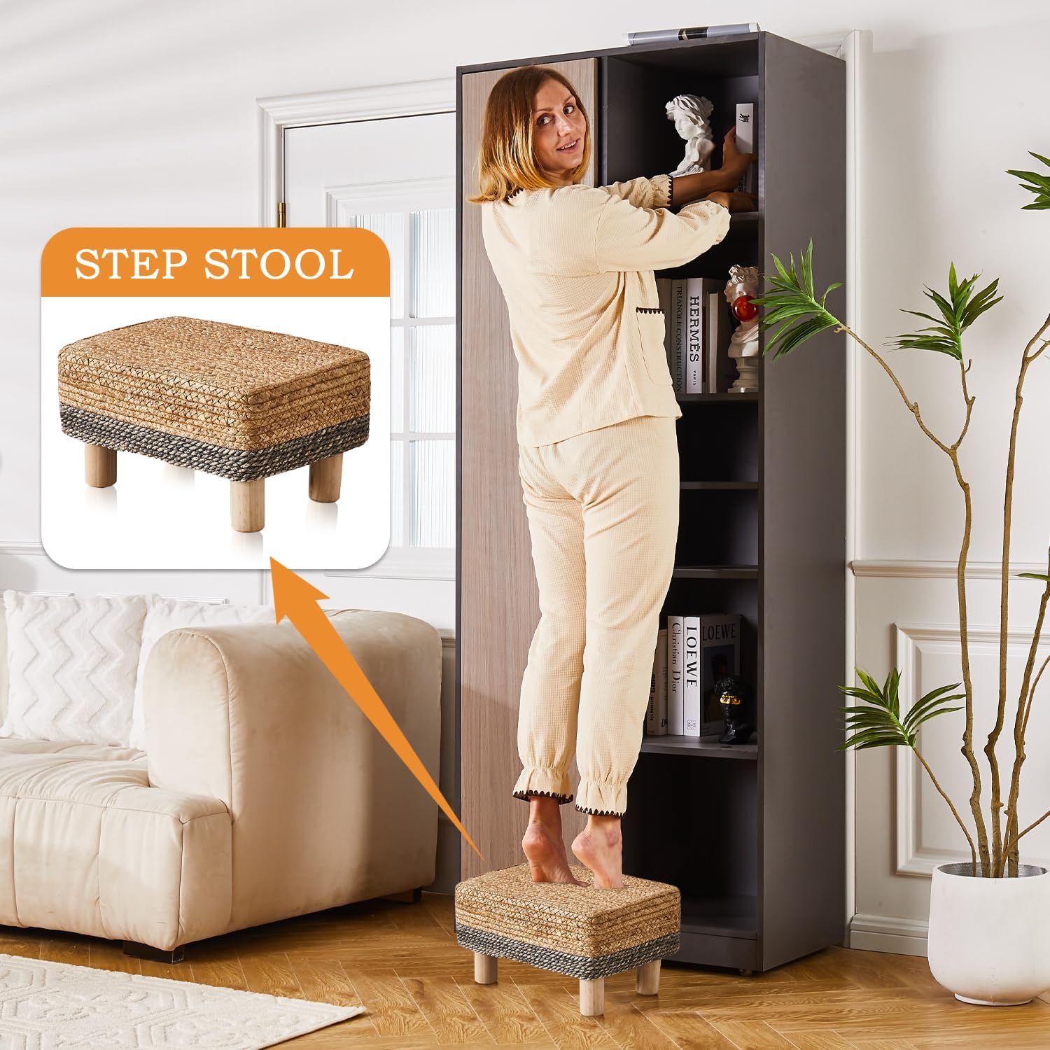 Cpintltr Taburete otomano rectangular, reposapiés, otomano, reposapiés natural de algas marinas con patas de madera, taburete tejido a mano para