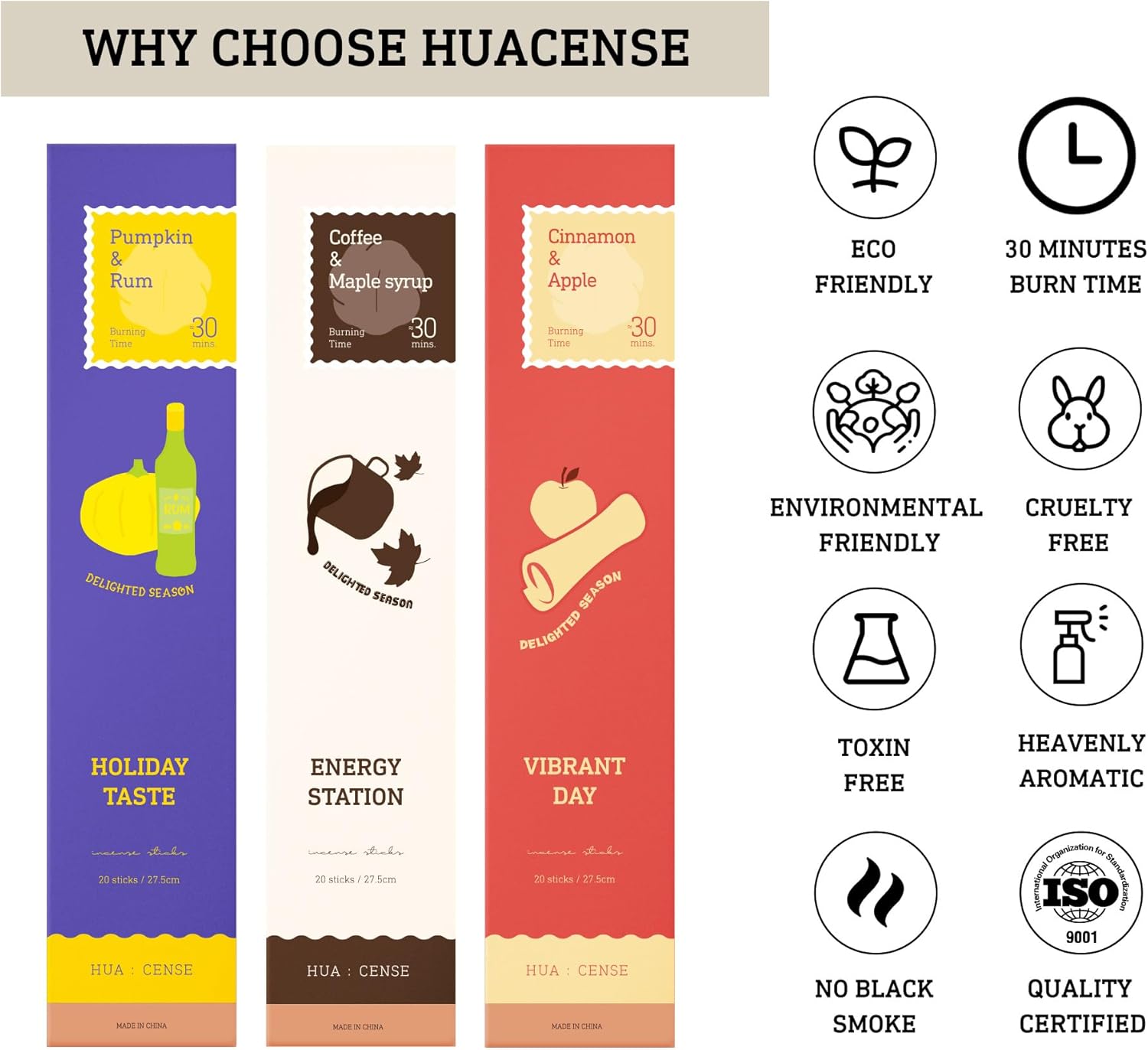 Huacense Delightful Season – Juego de 120 varillas de incienso de temporada  Calabaza y ron, jarabe de café y arce, chocolate y vainilla, canela y