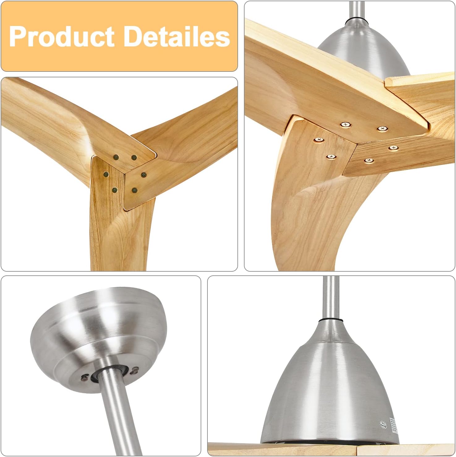 TFVV Ventilador de techo de madera sin luces de 60 pulgadas con control remoto para interiores y exteriores, montaje empotrado, níquel cepillado de