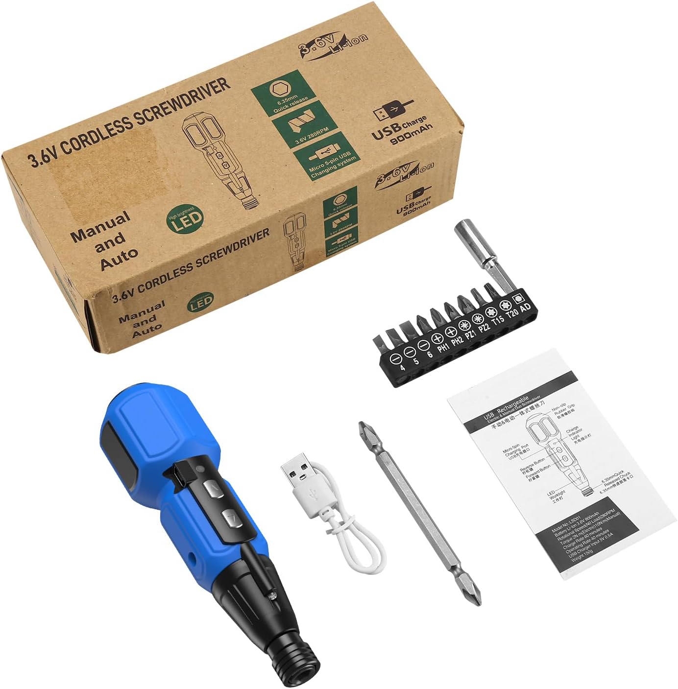 Destornillador eléctrico inalámbrico, mini juego de destornilladores eléctricos con 10 puntas, soportes para puntas, luz de trabajo LED, cable de