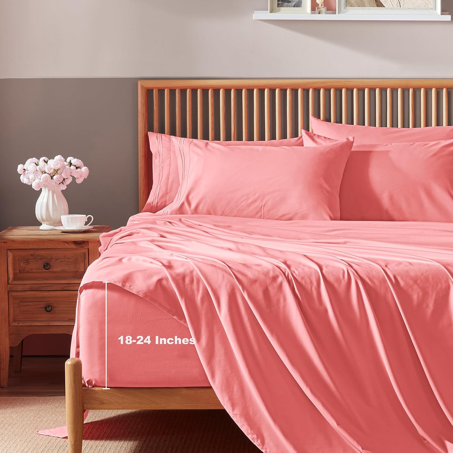 Homiest Juego de sábanas de bolsillo extra profundo, 6 piezas de sábanas de color rosa suave de 18 a 24 pulgadas, sábanas de microfibra de 1800