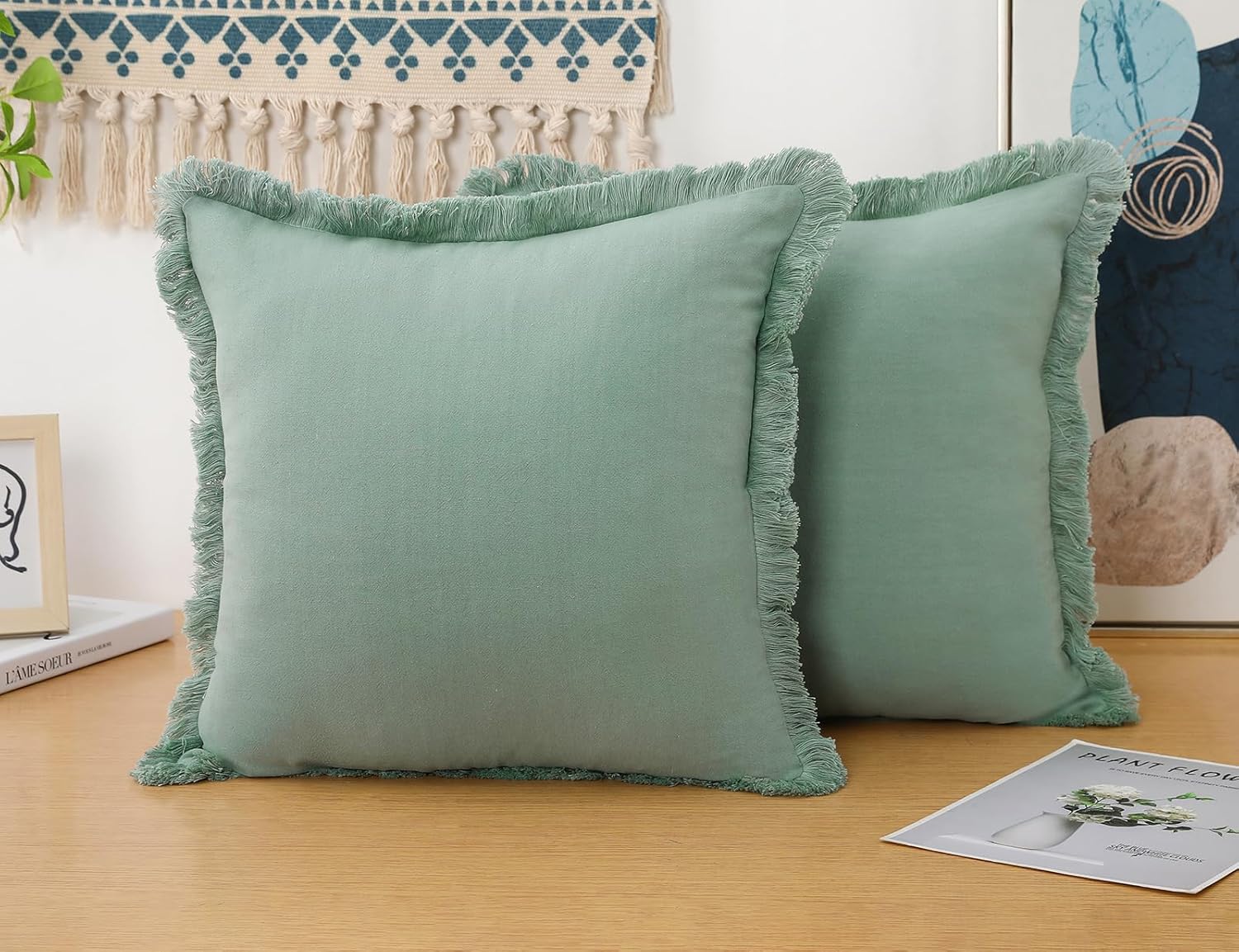 Juego de 2 fundas de almohada de lino natural con flecos, funda de almohada decorativa neutra verde salvia con borlas elegantes de arpillera bohemia