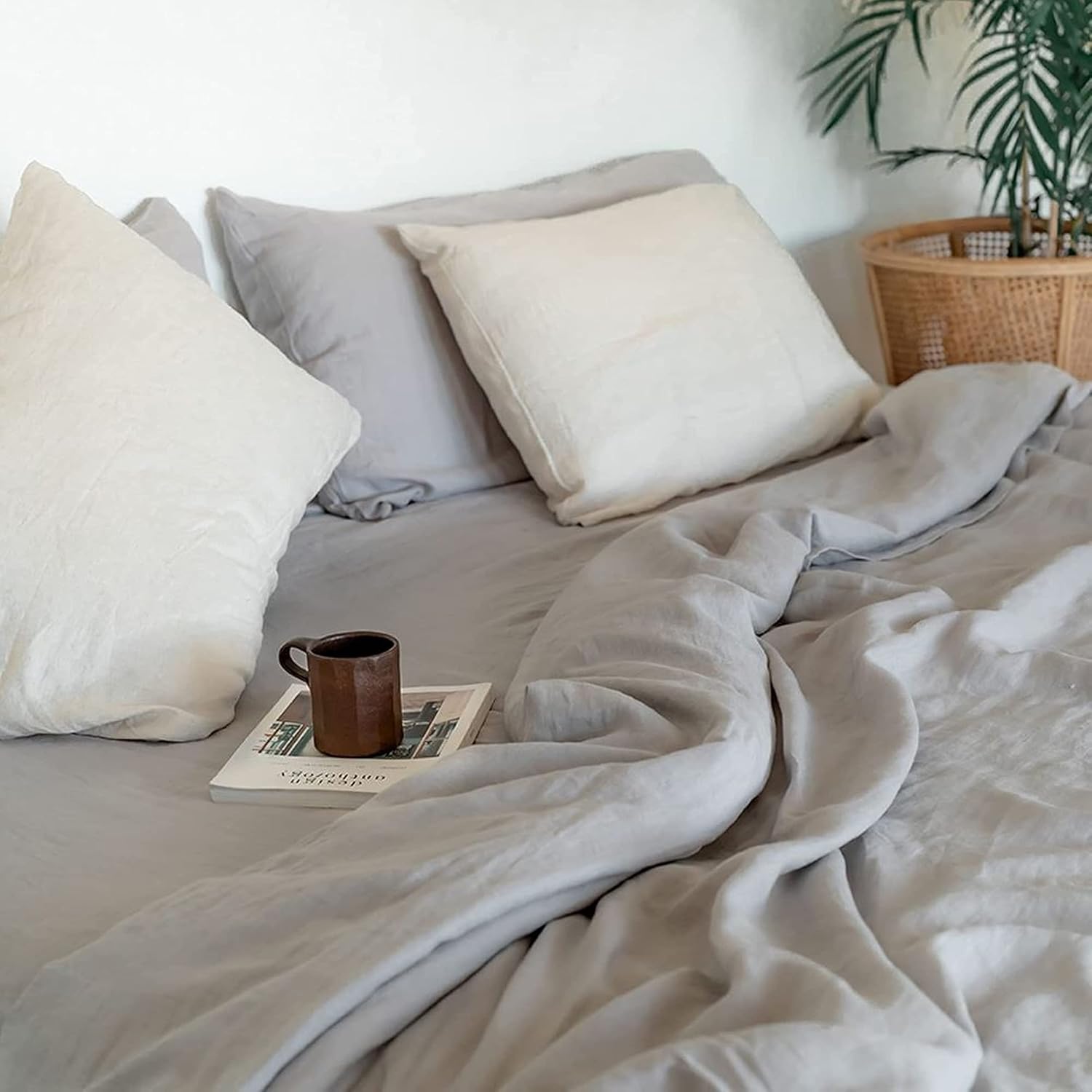 Baloo Pure French Linen Sheets  Juego de sábanas de avena (tamaño matrimonial)  Suave, premium, transpirable, fabricado con fibras naturales libres