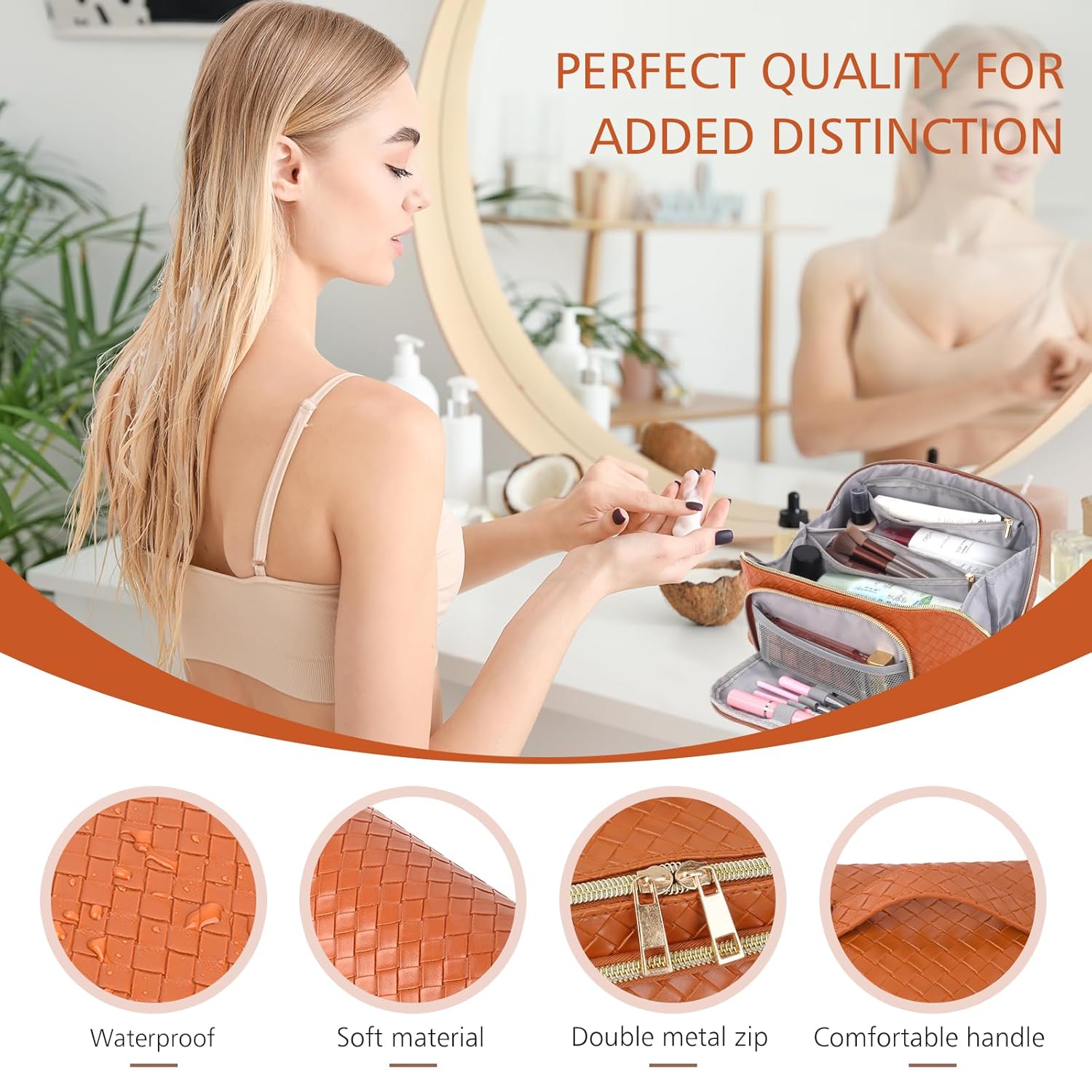 ZAUKNYA Bolsa de cosméticos de viaje de gran capacidad, bolsa de maquillaje para mujer, bolsa de cuero impermeable, portátil, organizador de