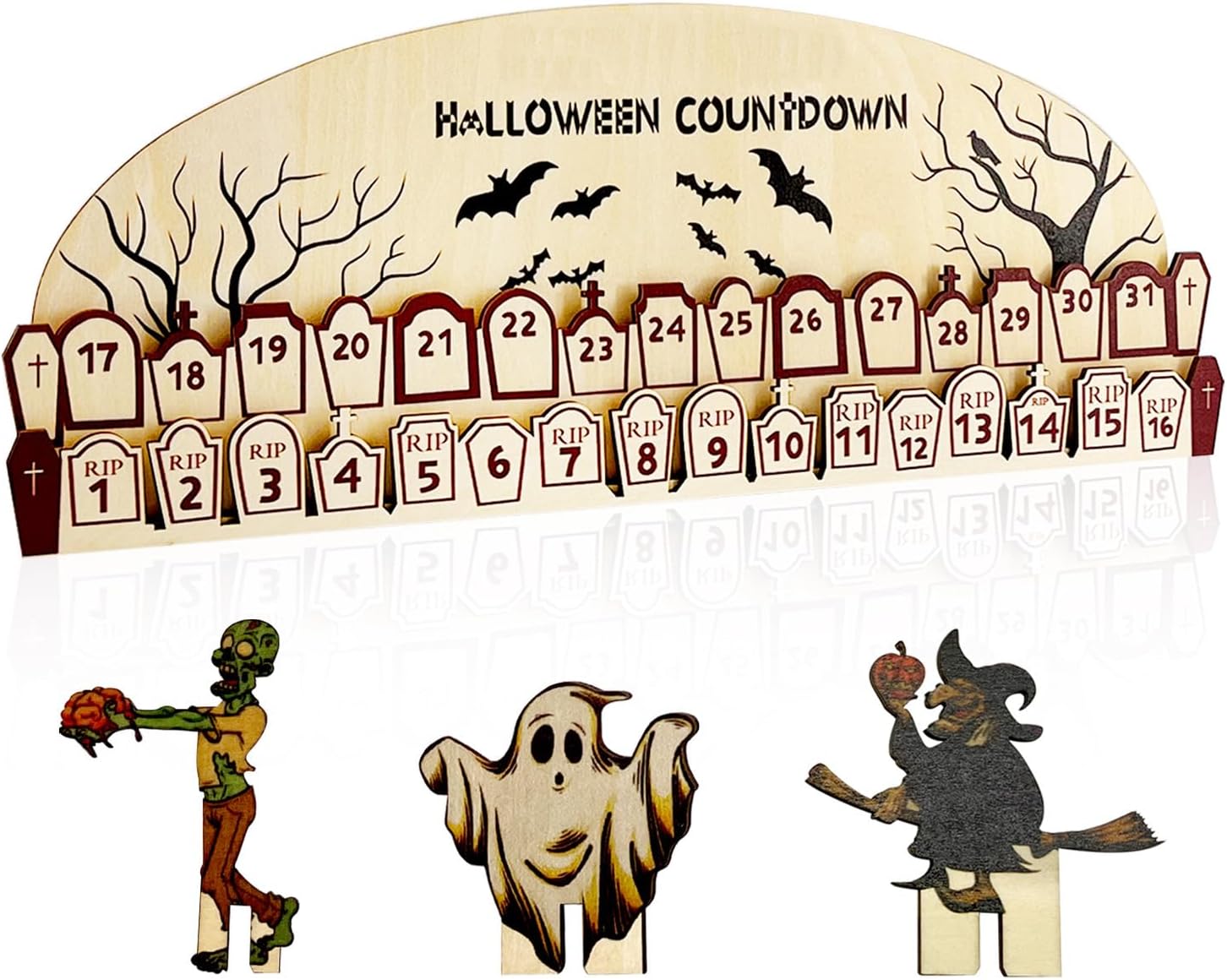 AOCEAN Calendario de Adviento de Halloween 2023 con bloques móviles de madera, calendario de cuenta regresiva para divertidas decoraciones de