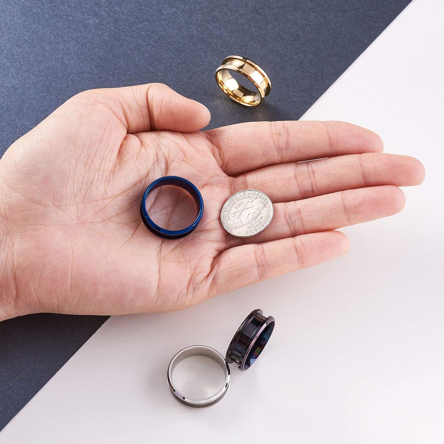 4 anillos de acero inoxidable con núcleo en blanco de 0.295 in de alto pulido, anillo de dedo ranurado para hombre, fabricación de joyas, 4 colores,
