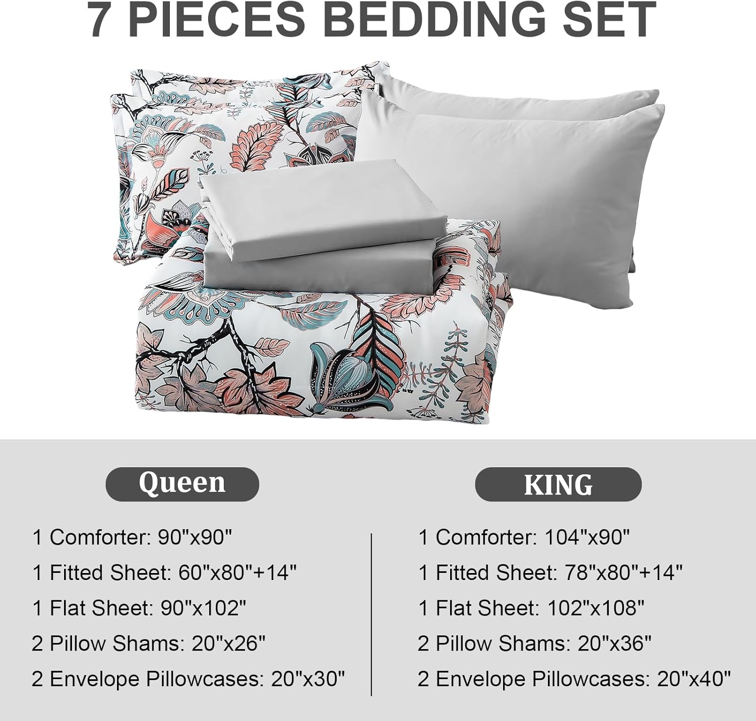 Dinjoy Juego de edredón floral tamaño Queen de 7 piezas en una bolsa, color gris quemado, hojas botánicas, ramas y mariposas (1 edredón, 1 sábana