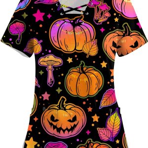 Blusa de manga corta para mujer, para Halloween, calabaza, manga corta, uniforme de trabajo, verano, cuello en V, blusa tipo túnica con bolsillo Blusa de manga corta para mujer, para Halloween, calabaza, manga corta, uniforme de trabajo, verano, cuello en V, blusa tipo túnica con bolsillo