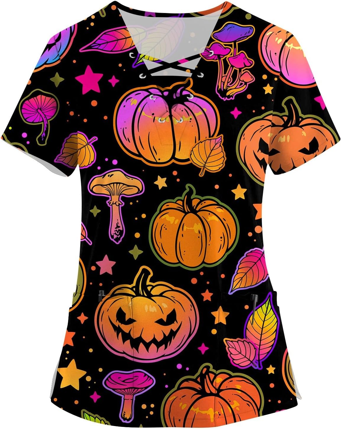Blusa de manga corta para mujer, para Halloween, calabaza, manga corta, uniforme de trabajo, verano, cuello en V, blusa tipo túnica con bolsillo